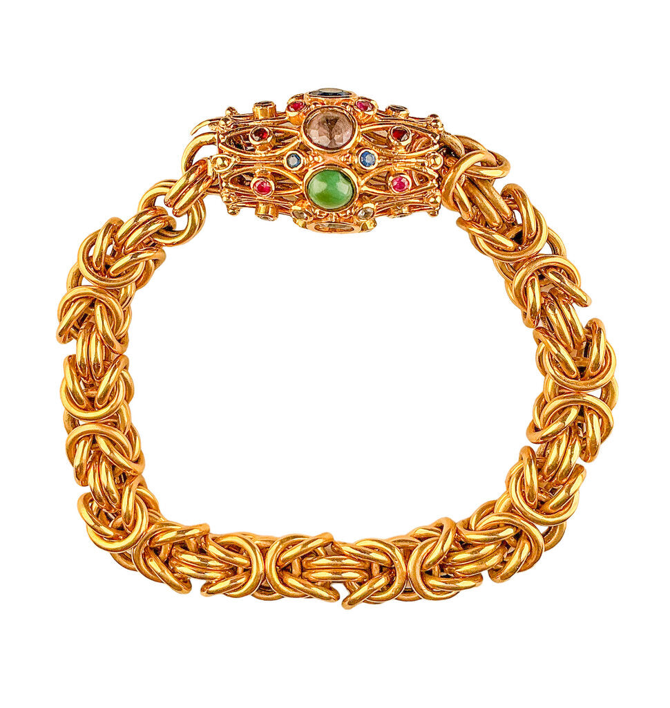 18K Gold Byzantine Link Bracelet with Jeweled Clasp
