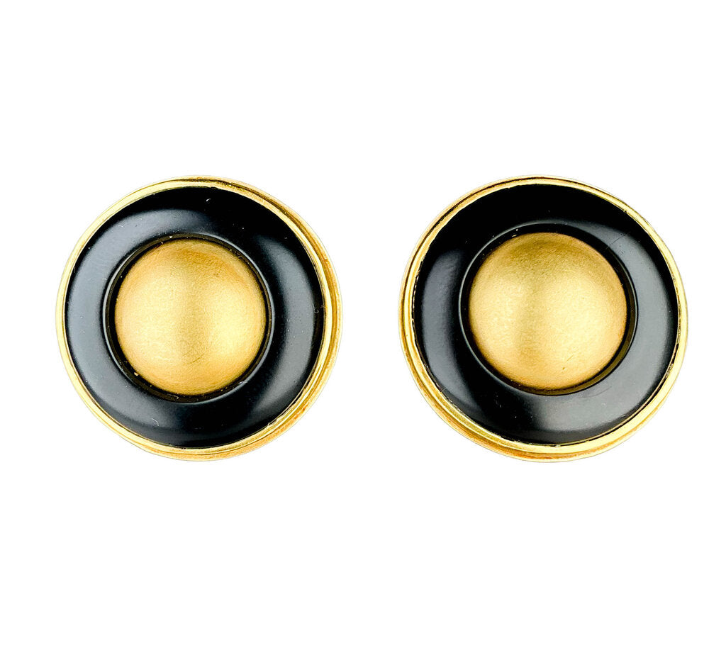 18K Gold Button Earrings with Black Ring Accent
