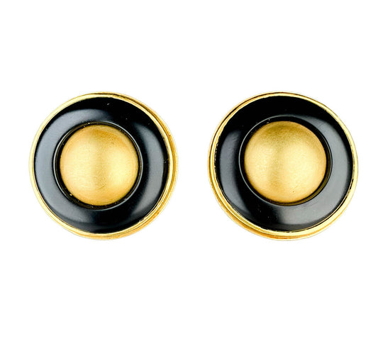 18K Gold Button Earrings with Black Ring Accent
