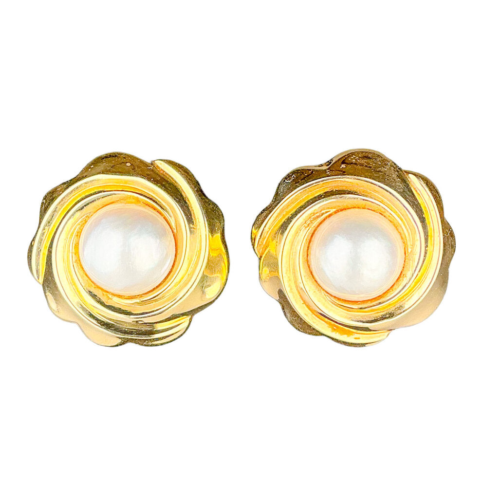 14K Gold Swirl Button Earrings with Cultured Pearl