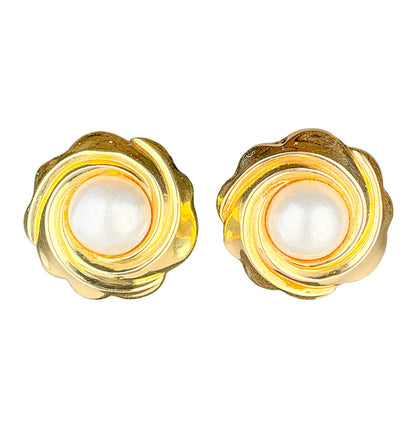 14K Gold Swirl Button Earrings with Cultured Pearl