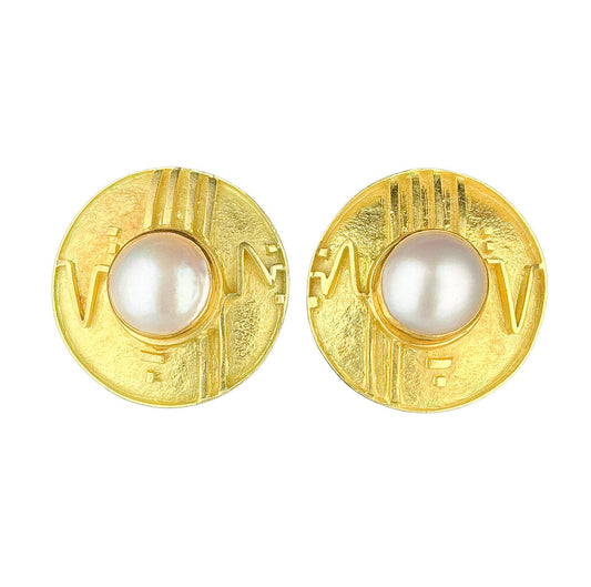 14K Gold Tribal-Motif Button Earrings with Mabe Pearl