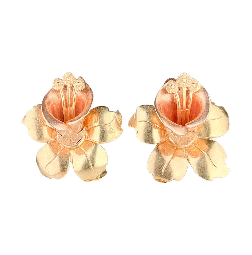 14K Rose & Yellow Gold Flower Brooch and Earrings Set