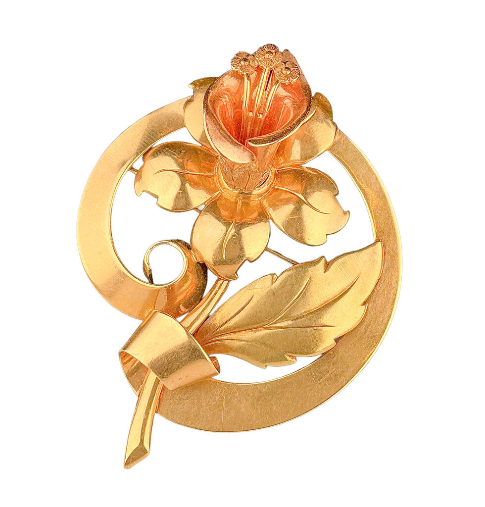 14K Rose & Yellow Gold Flower Brooch and Earrings Set