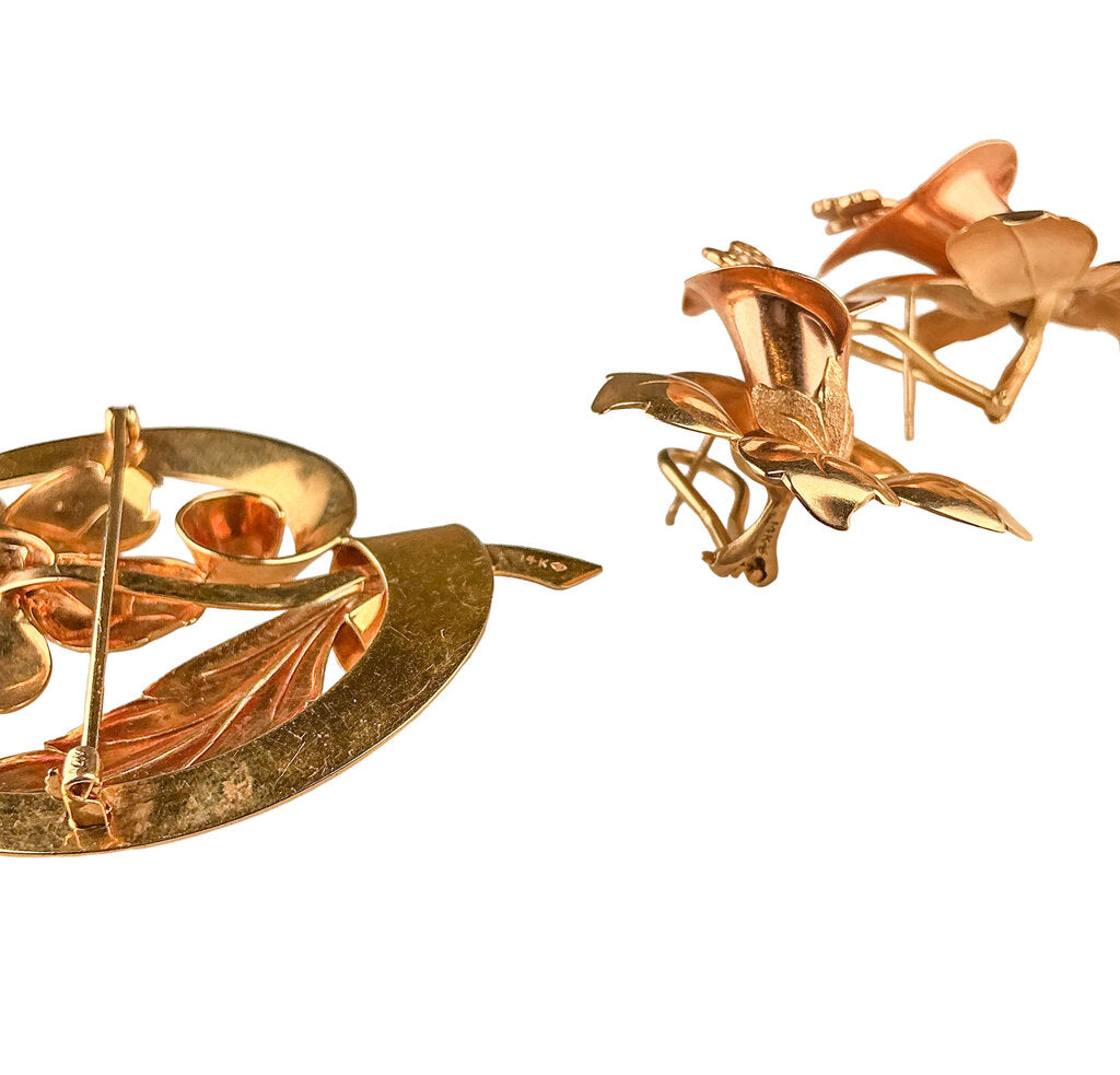 14K Rose & Yellow Gold Flower Brooch and Earrings Set