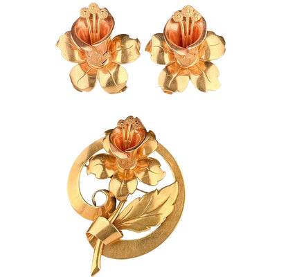 14K Rose & Yellow Gold Flower Brooch and Earrings Set