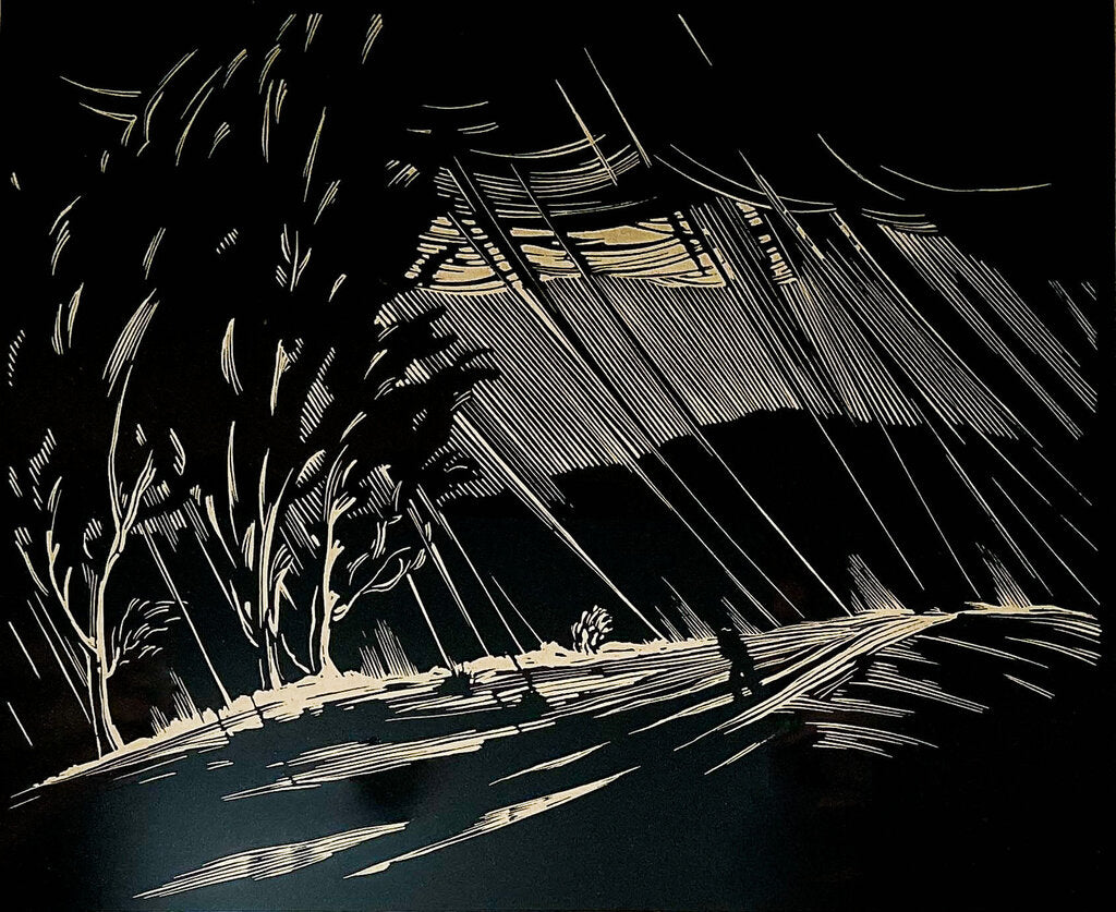 Paul Landacre. "Downpour." Wood Engraving on Japenese Woven Paper.