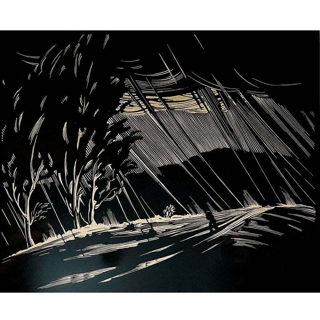 Paul Landacre. "Downpour." Wood Engraving on Japenese Woven Paper.