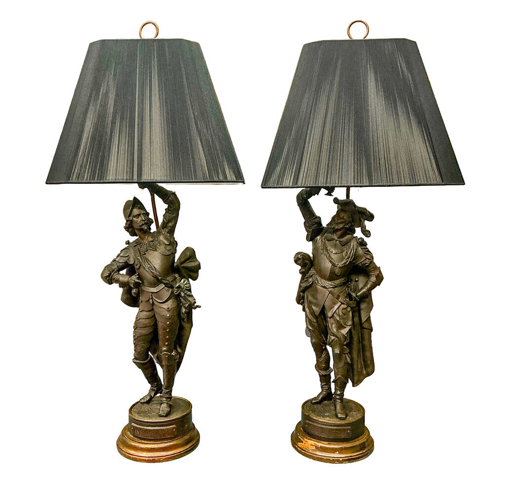 Pair Vintage French Spelter Cavalier Lamps- After Philippe Poitevin