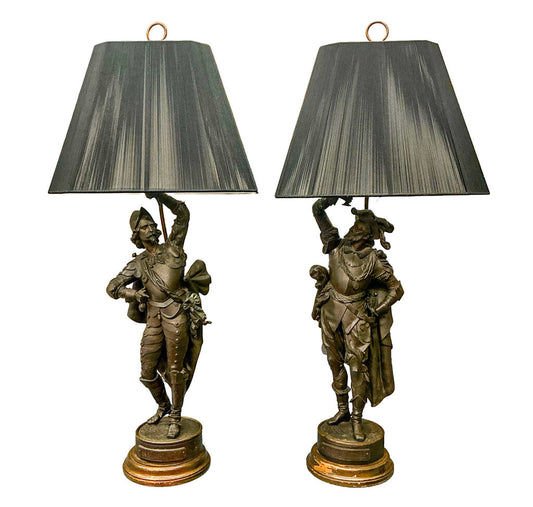 Pair Vintage French Spelter Cavalier Lamps- After Philippe Poitevin