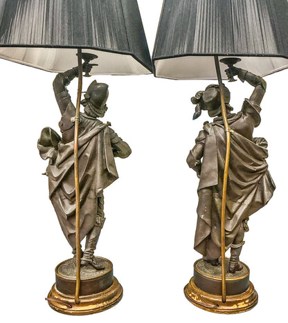 Pair Vintage French Spelter Cavalier Lamps- After Philippe Poitevin