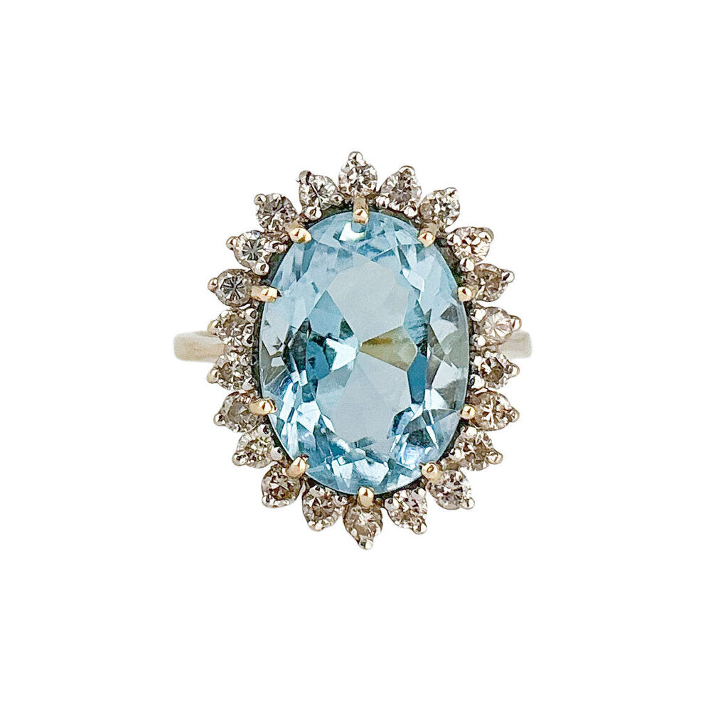 14K Gold Aquamarine & Diamond Cluster Ring