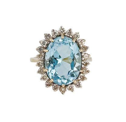 14K Gold Aquamarine & Diamond Cluster Ring