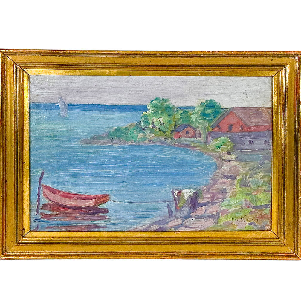 Louise M. Kamp. Boat in the Bay. Oli on Canvas.