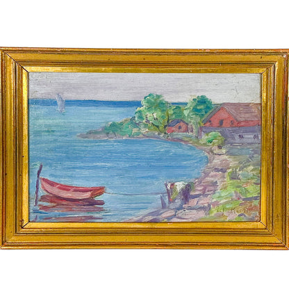 Louise M. Kamp. Boat in the Bay. Oli on Canvas.