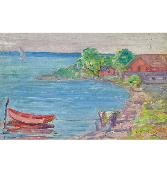 Louise M. Kamp. Boat in the Bay. Oli on Canvas.