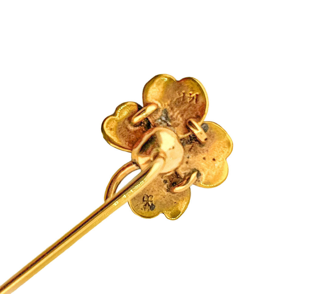 14k & Diamond Enamel Clover Stick Pin
