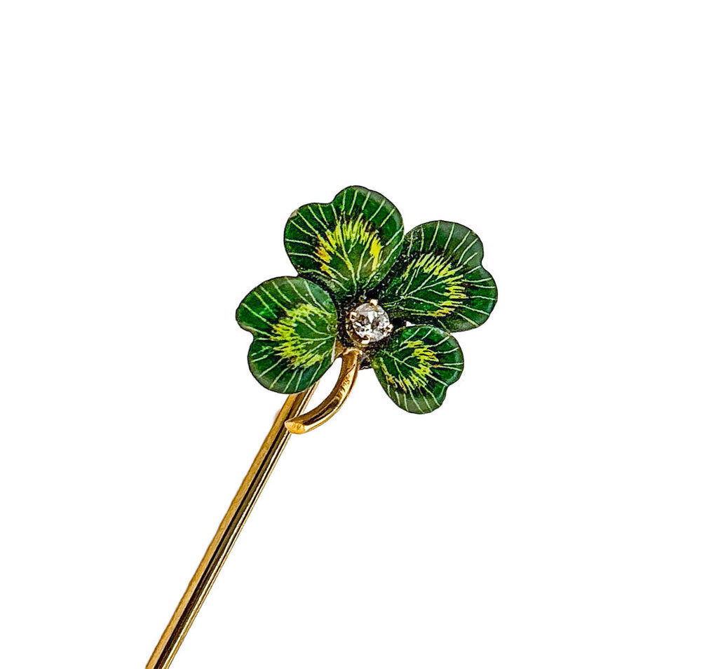 14k & Diamond Enamel Clover Stick Pin