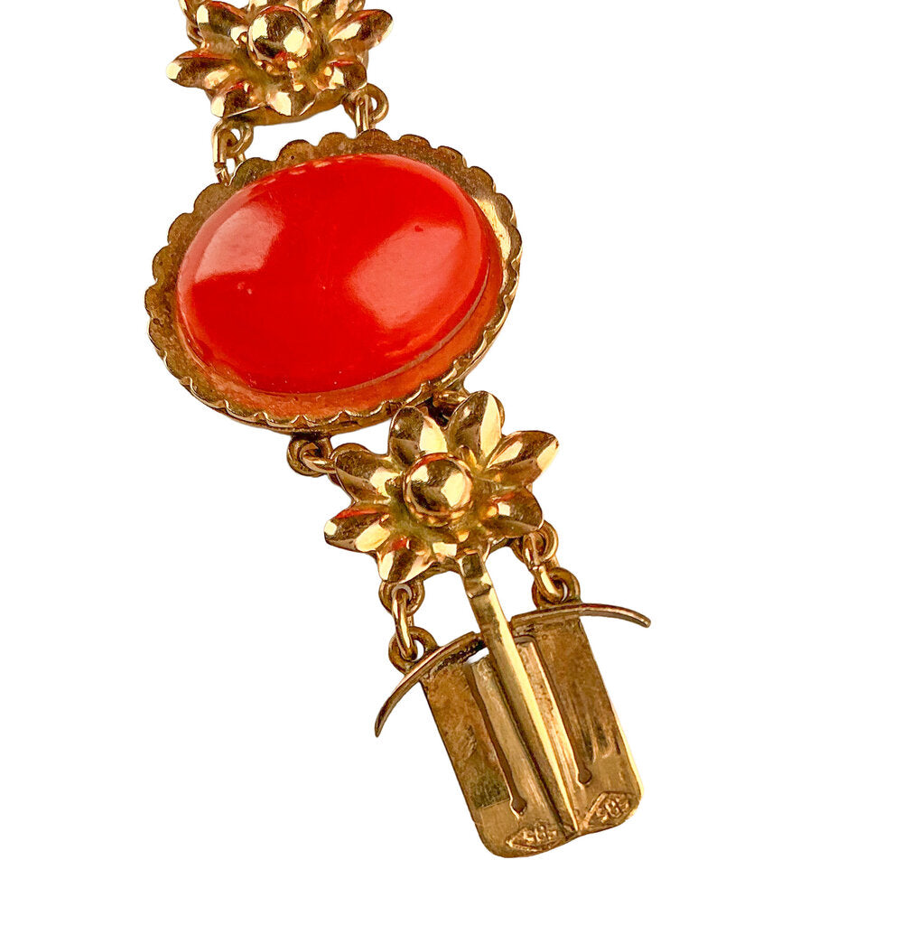 14K Gold & Coral Cabochon Suite w Bracelet, Ring & Earring