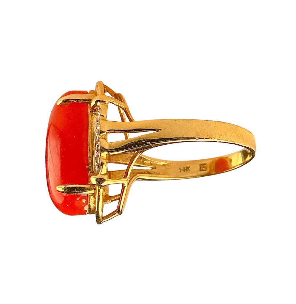 14K Gold & Coral Cabochon Suite w Bracelet, Ring & Earring