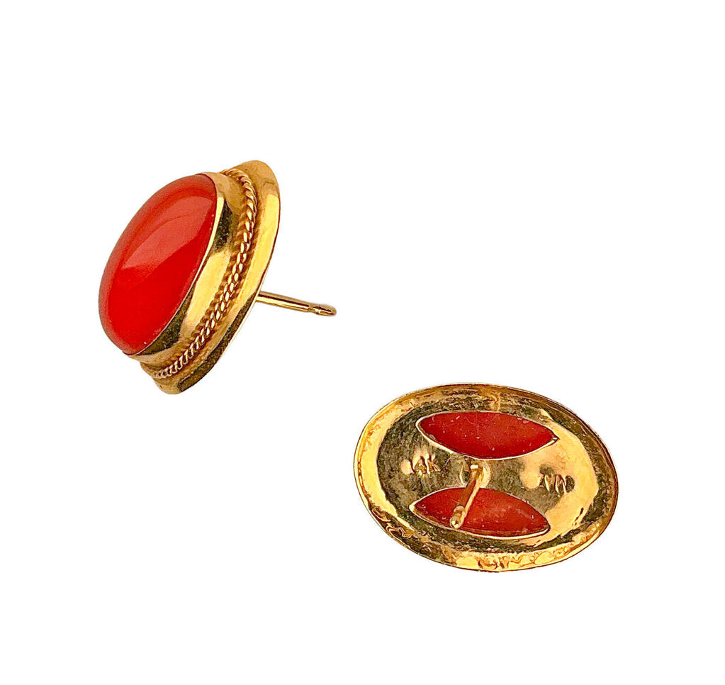 14K Gold & Coral Cabochon Suite w Bracelet, Ring & Earring