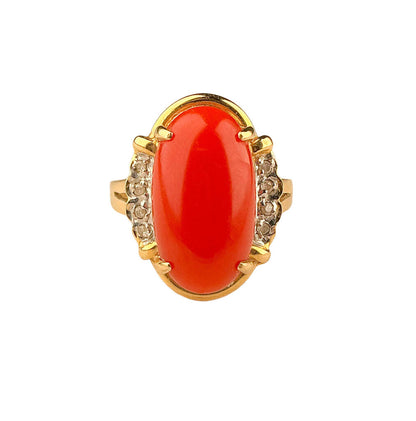 14K Gold & Coral Cabochon Suite w Bracelet, Ring & Earring