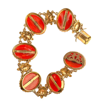 14K Gold & Coral Cabochon Suite w Bracelet, Ring & Earring