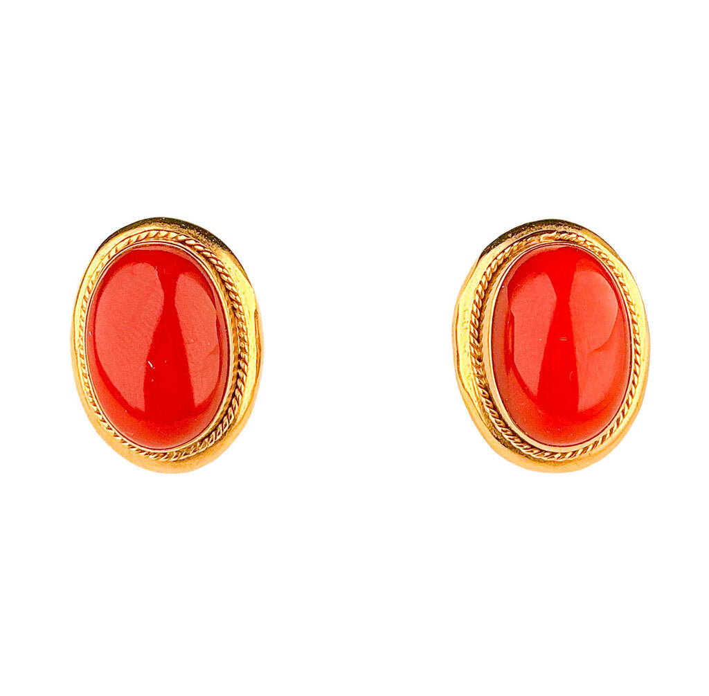 14K Gold & Coral Cabochon Suite w Bracelet, Ring & Earring