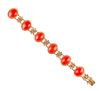 14K Gold & Coral Cabochon Suite w Bracelet, Ring & Earring
