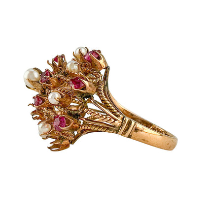 14K Gold Pearl & Pink Stone Cluster Ring