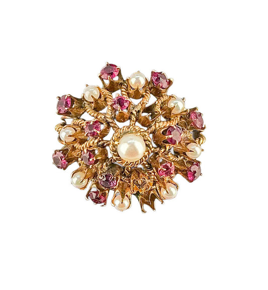 14K Gold Pearl & Pink Stone Cluster Ring