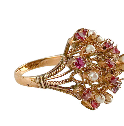 14K Gold Pearl & Pink Stone Cluster Ring