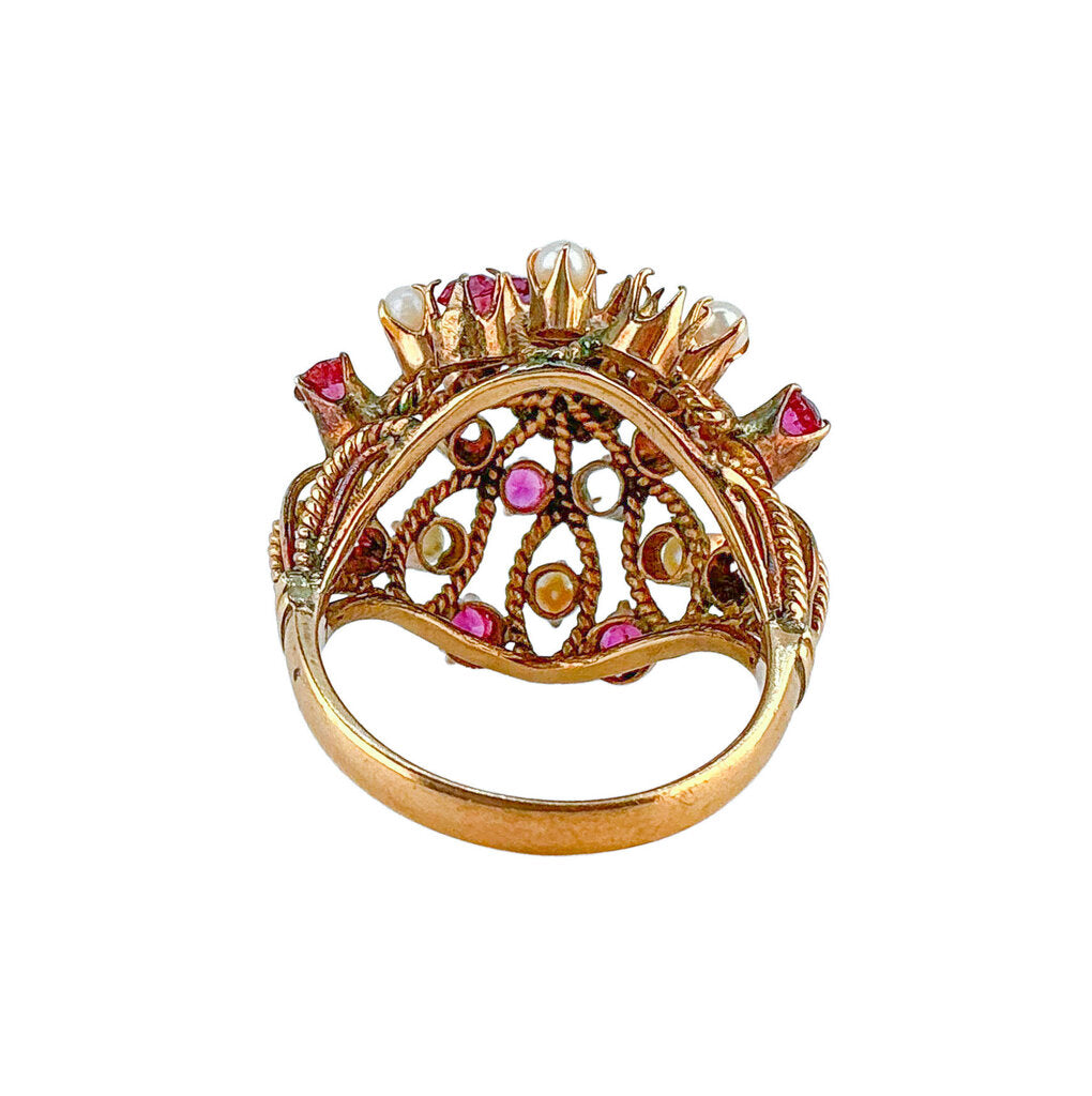 14K Gold Pearl & Pink Stone Cluster Ring