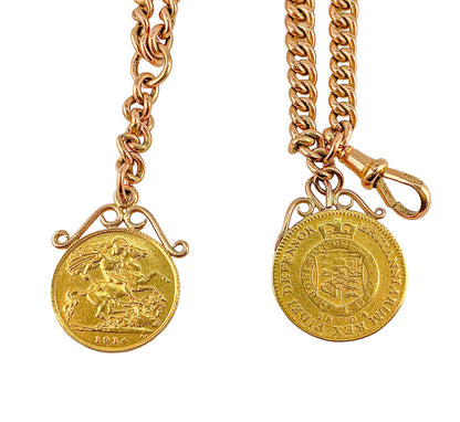 9K RG Antique Watch Curb-link Chain w 2 Gold Coin Fobs