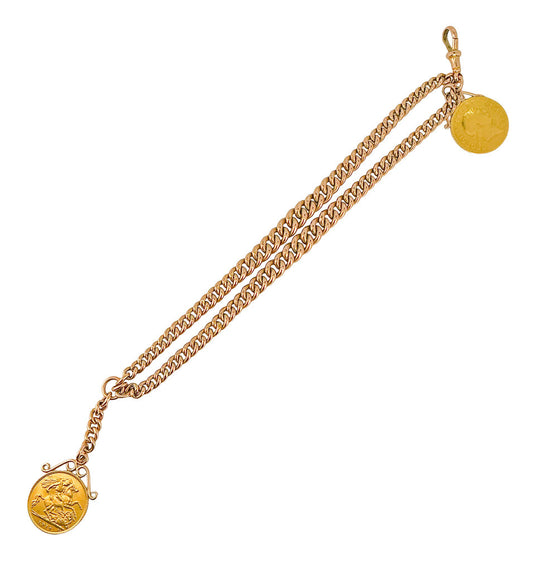 9K RG Antique Watch Curb-link Chain w 2 Gold Coin Fobs