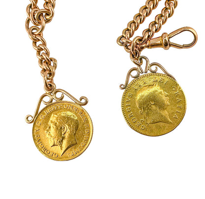 9K RG Antique Watch Curb-link Chain w 2 Gold Coin Fobs