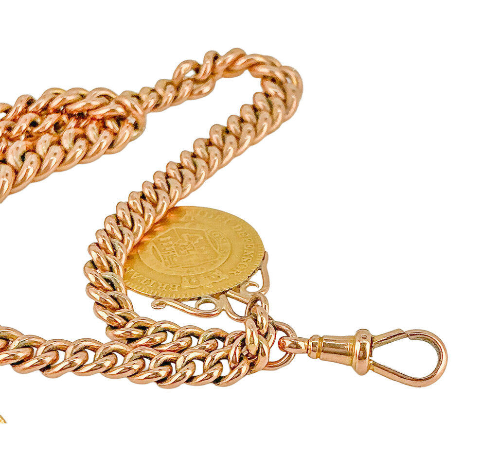 9K RG Antique Watch Curb-link Chain w 2 Gold Coin Fobs