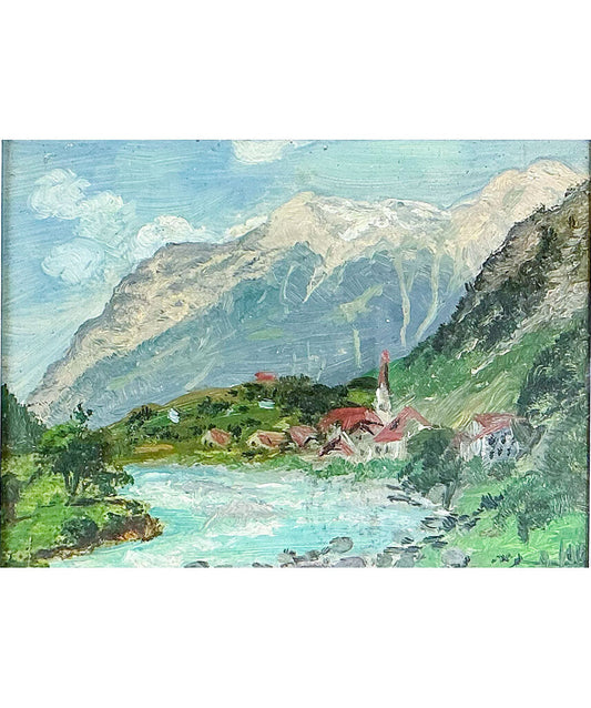 Edith Izard. View of Switzerland. Oil on Board.