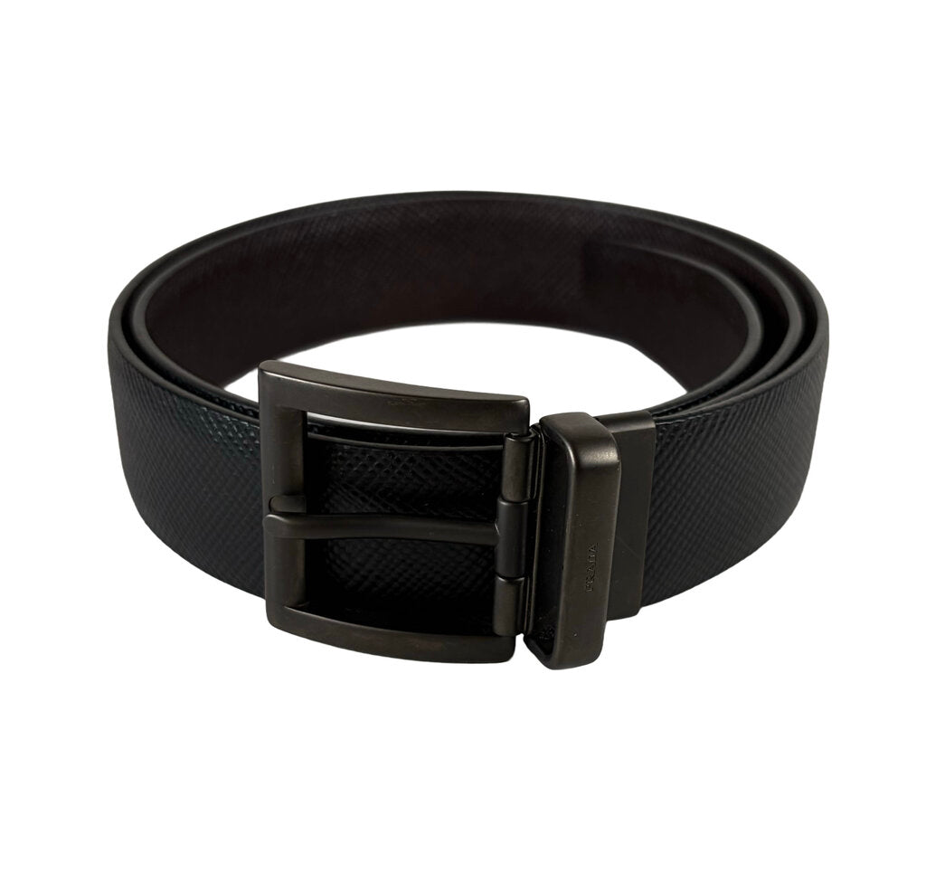 Men's Prada Black Leather Belt w Anthracite Buckle