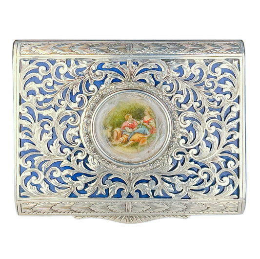Antq Continental Silver Vanity Compact w/ Painted Miniature