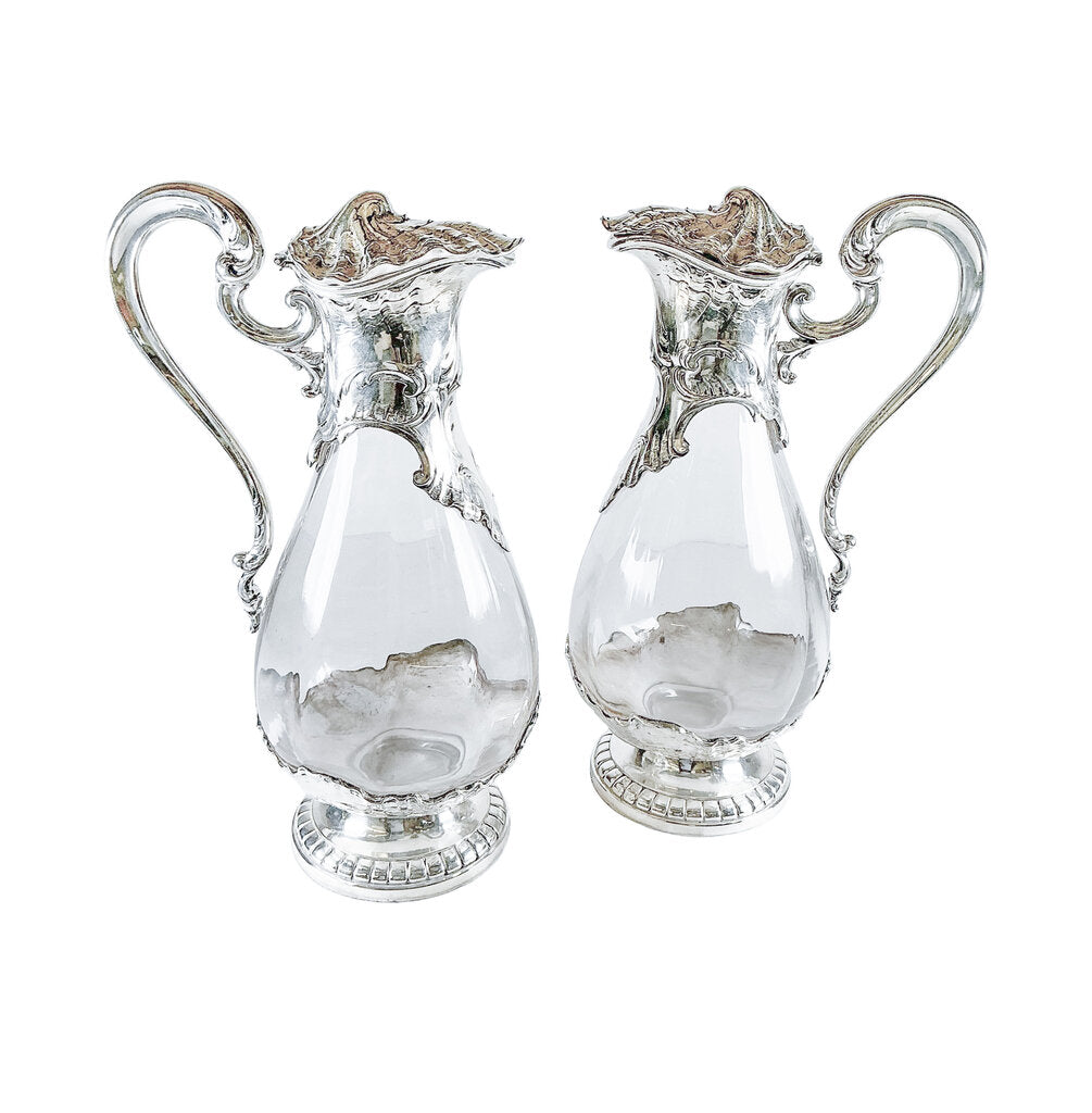 PAIR Ercuis "Lutetia" Silver Plate & Glass Claret Jugs