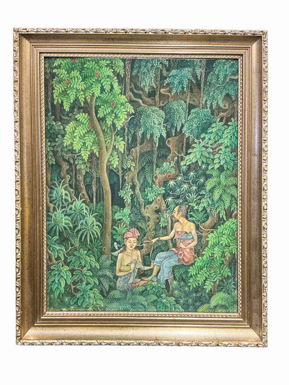 Vintage Balinese Folk Art. Couple in the Jungle. Painting on Board.