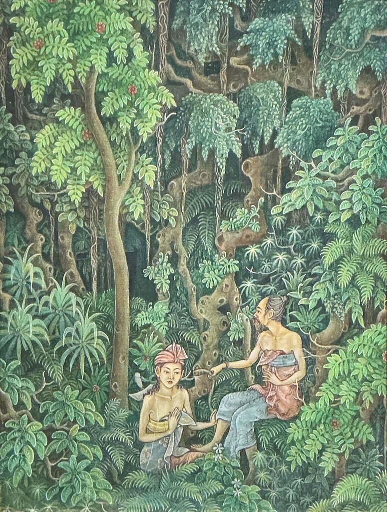 Vintage Balinese Folk Art. Couple in the Jungle. Painting on Board.