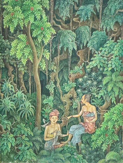 Vintage Balinese Folk Art. Couple in the Jungle. Painting on Board.