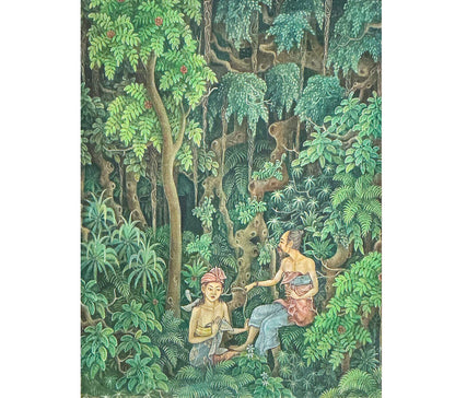 Vintage Balinese Folk Art. Couple in the Jungle. Painting on Board.