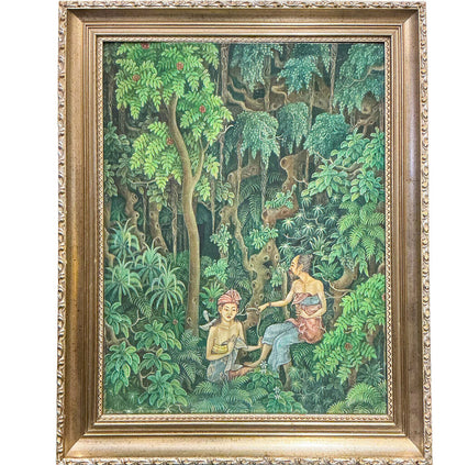 Vintage Balinese Folk Art. Couple in the Jungle. Painting on Board.