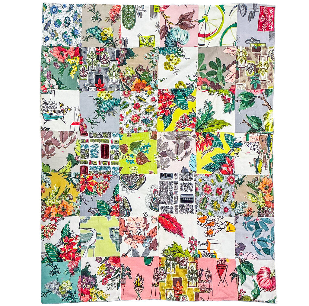 1950's Barkcloth Revesible Patch Work Coverlet.