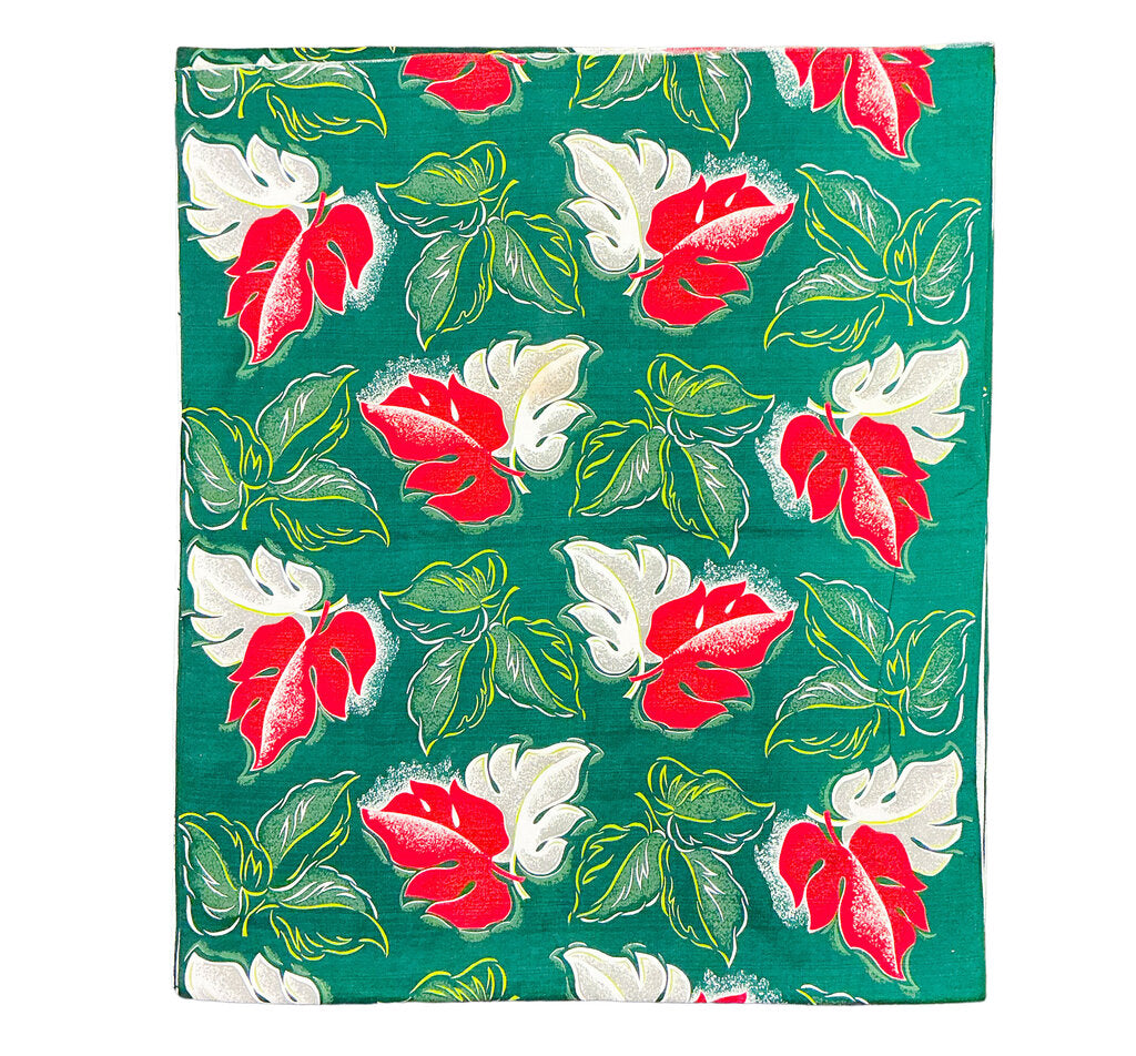 1950's Barkcloth Muiti Leaf Red & Green Yardage