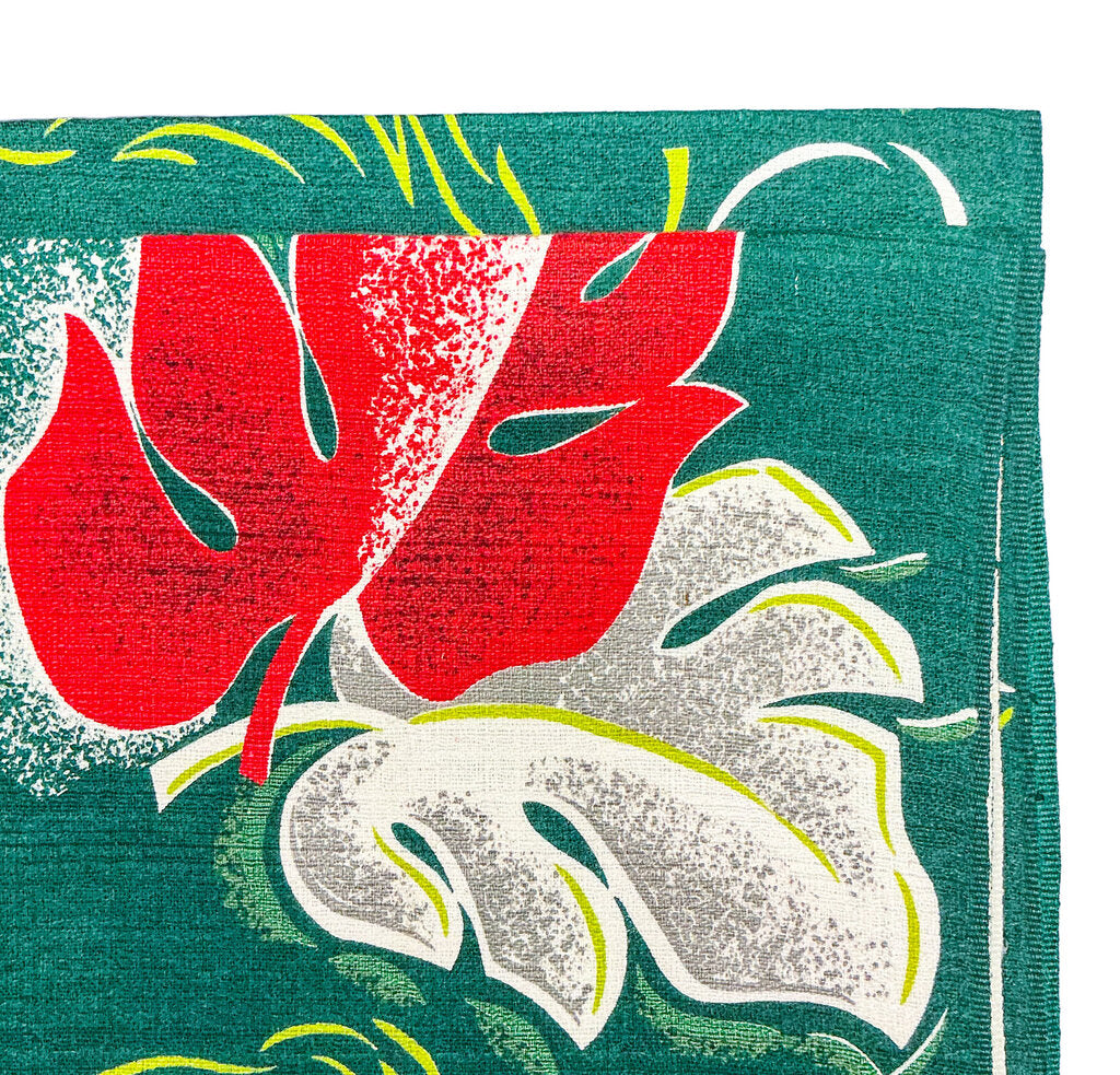 1950's Barkcloth Muiti Leaf Red & Green Yardage