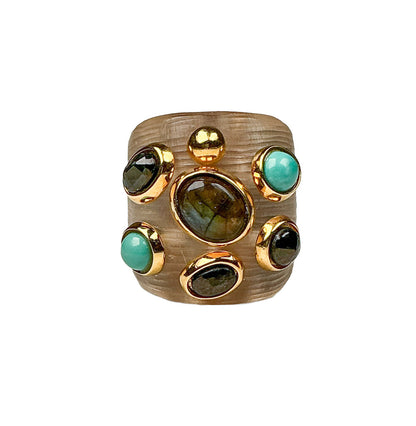 Alexis Bittar Liquid Lucite Ring w Gold Plated Bezel- Set Stones